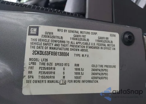 2006 Pontiac Torrent из США, поврежденный, VIN 2CKDL63FX66138004